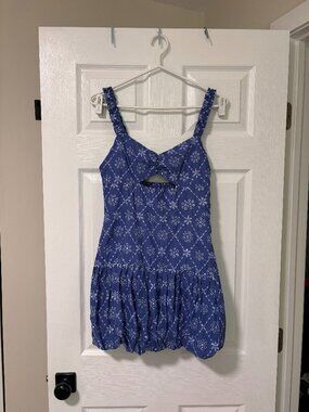 Blue Eyelet Bubble Hem Mini Dress | Coquette Summer Dress (Medium)